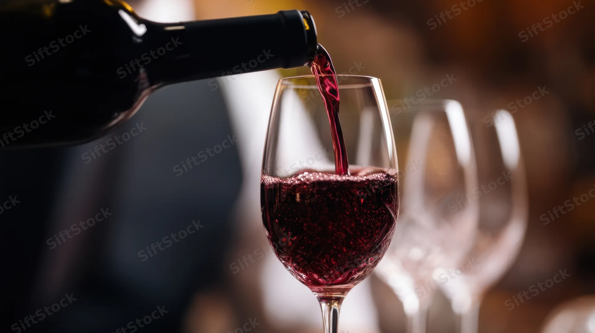 Red wine being poured from a bottle into a glass at a bar