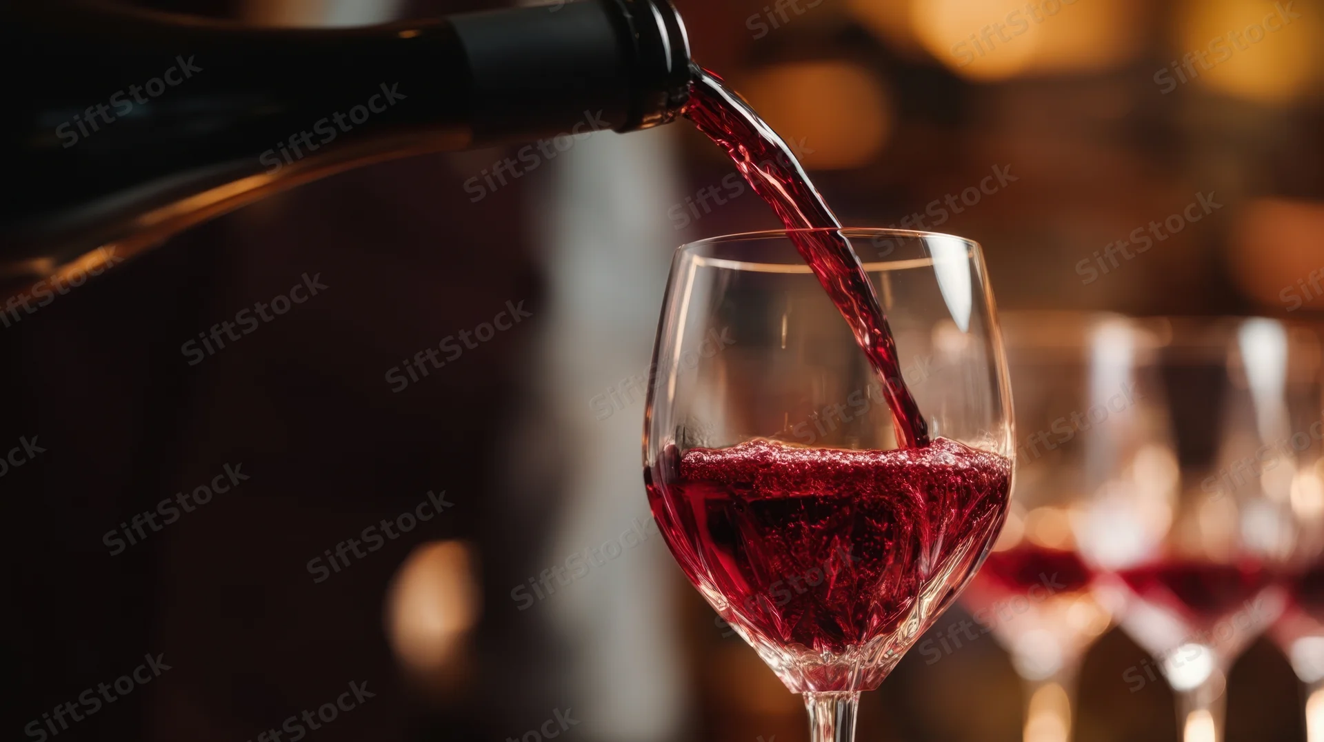 Red wine being poured from a bottle into a glass at a bar