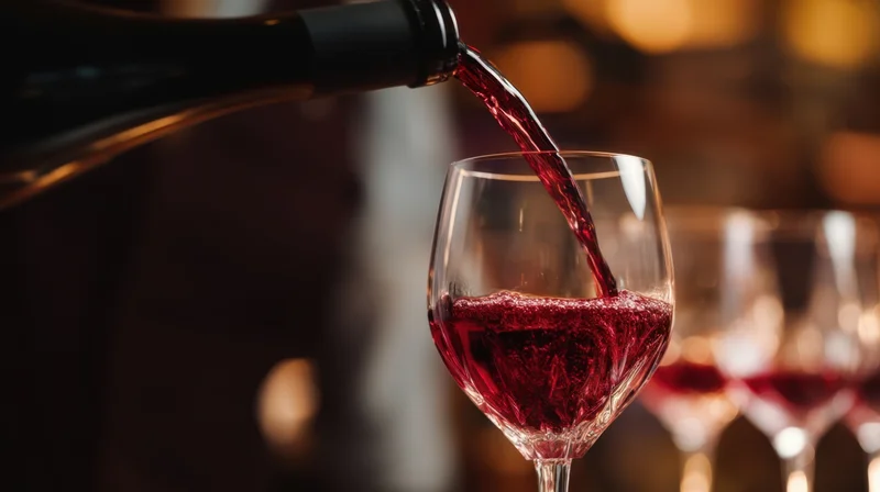 Red wine being poured from a bottle into a glass at a bar