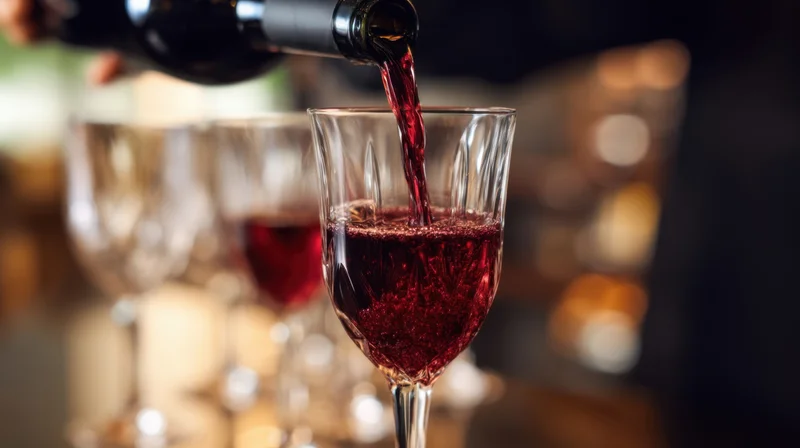 Bartender pouring red wine into a glass at a bar