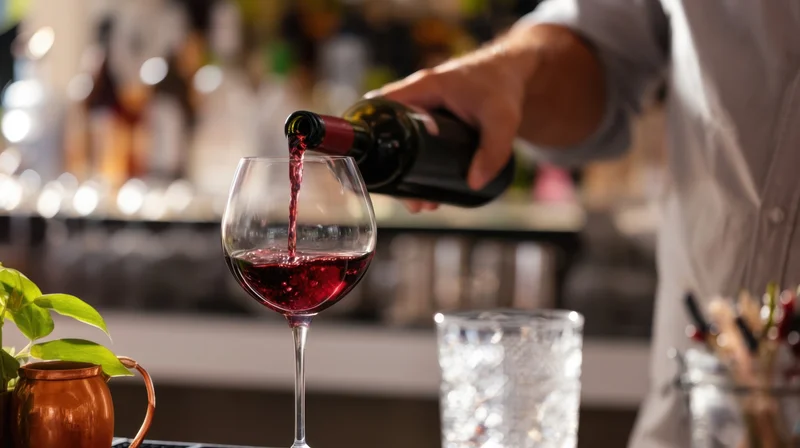 Bartender pouring red wine into a glass at a bar