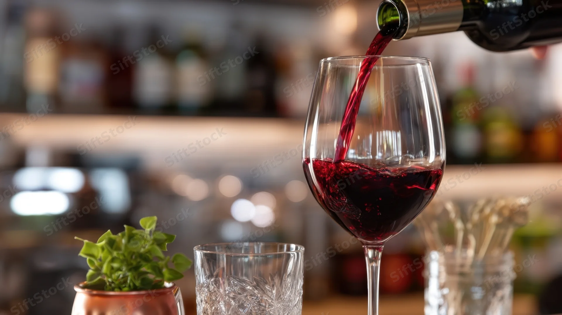 Red wine being poured into a glass at a bar
