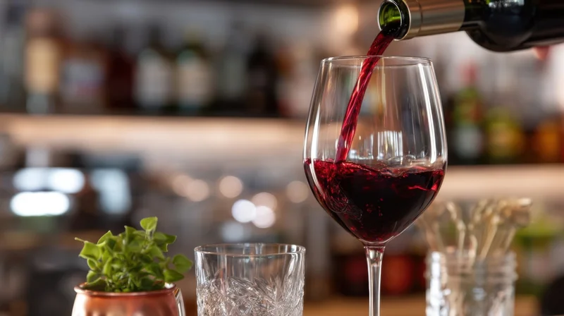 Red wine being poured into a glass at a bar