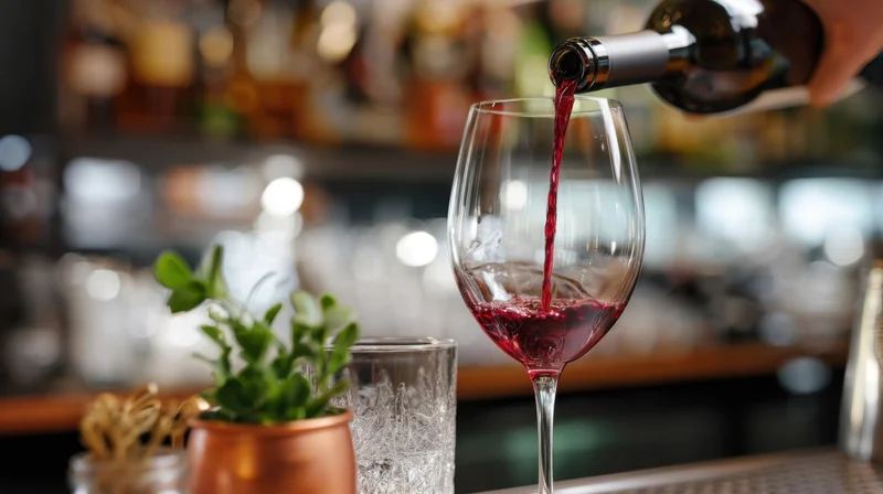 Bartender pouring red wine into a glass at a bar