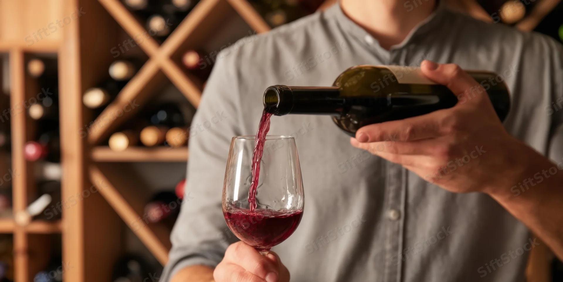 Man pouring red wine from bottle into glass in wine cellar