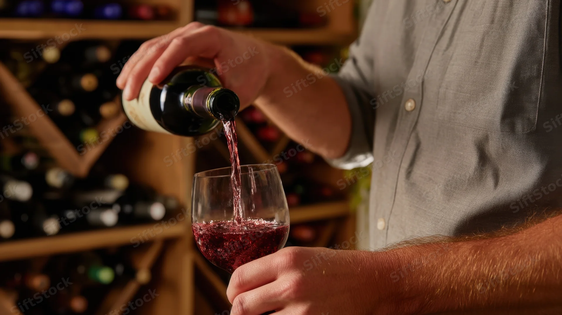 Man pouring red wine from a bottle into a glass in a wine cellar