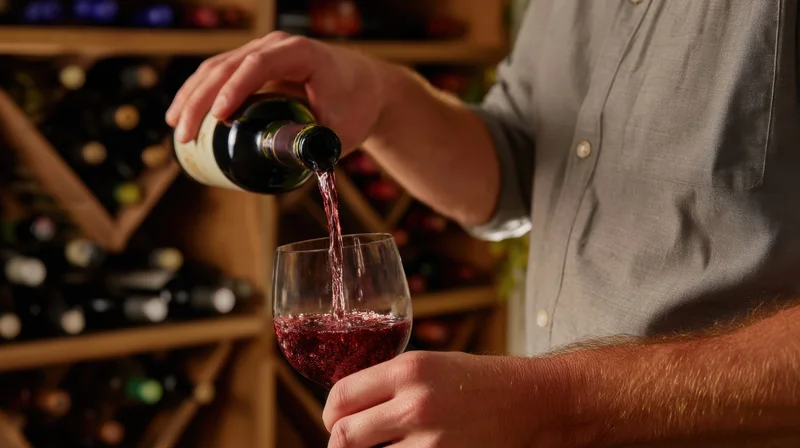 Man pouring red wine from a bottle into a glass in a wine cellar