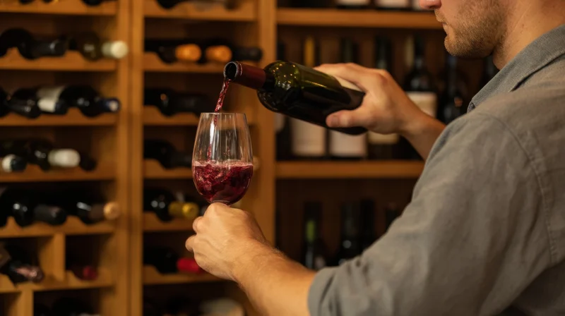 Man pouring red wine from bottle into glass in front of wooden wine rack