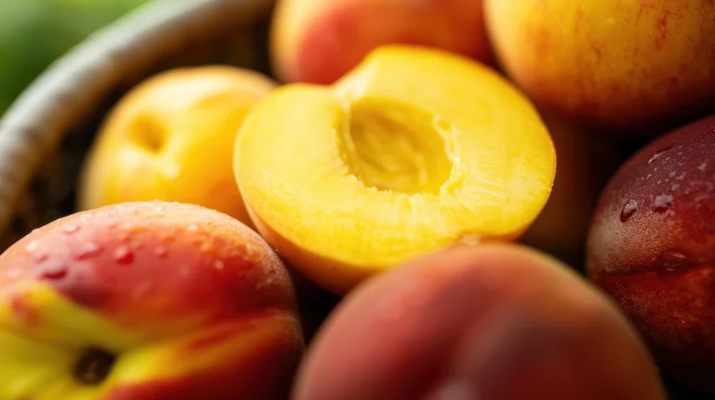 Closeup of ripe peaches in a basket, some sliced, with water droplets on skin