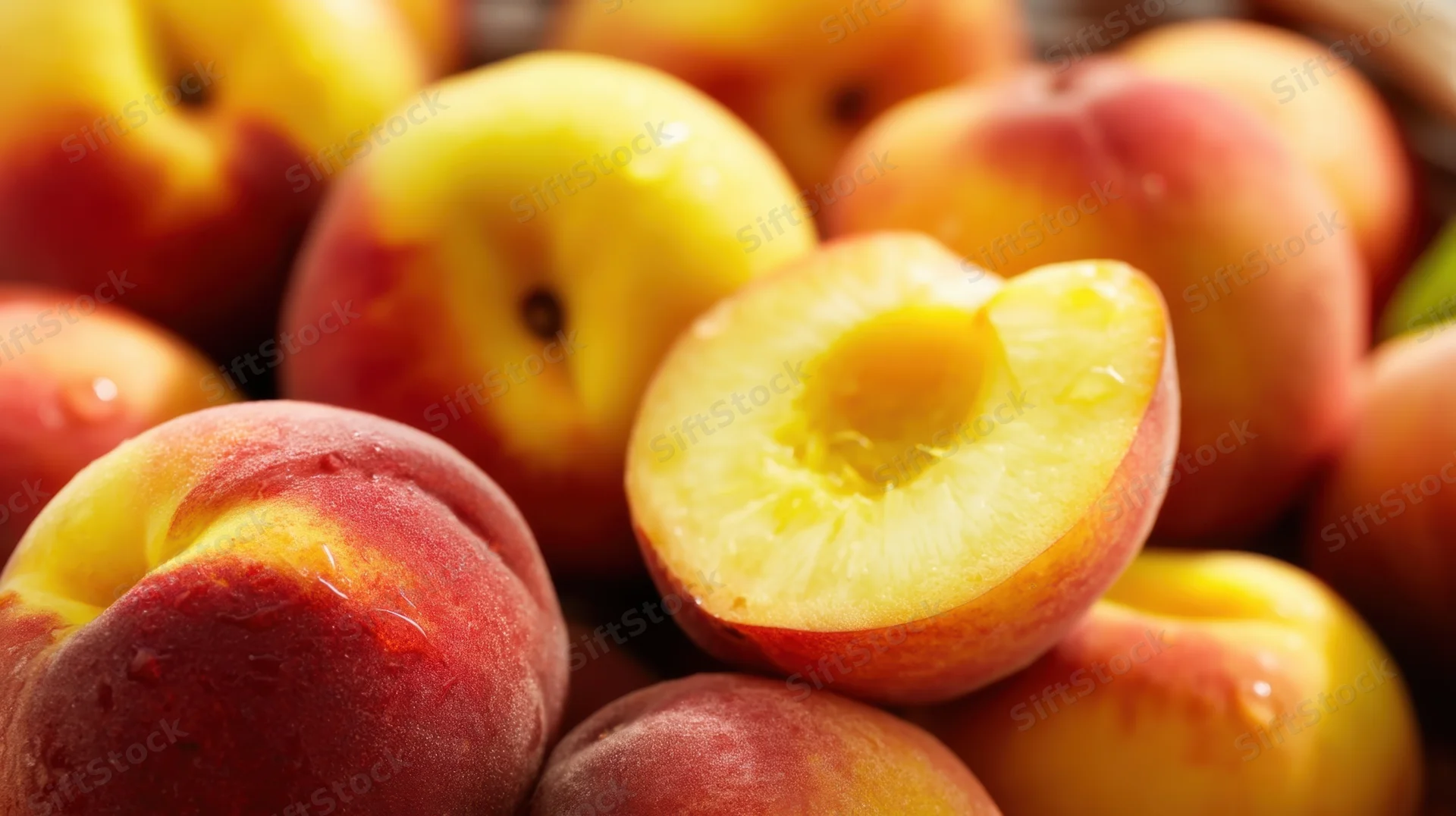 Closeup of ripe peaches with one sliced in half, showing juicy yellow flesh, in a basket