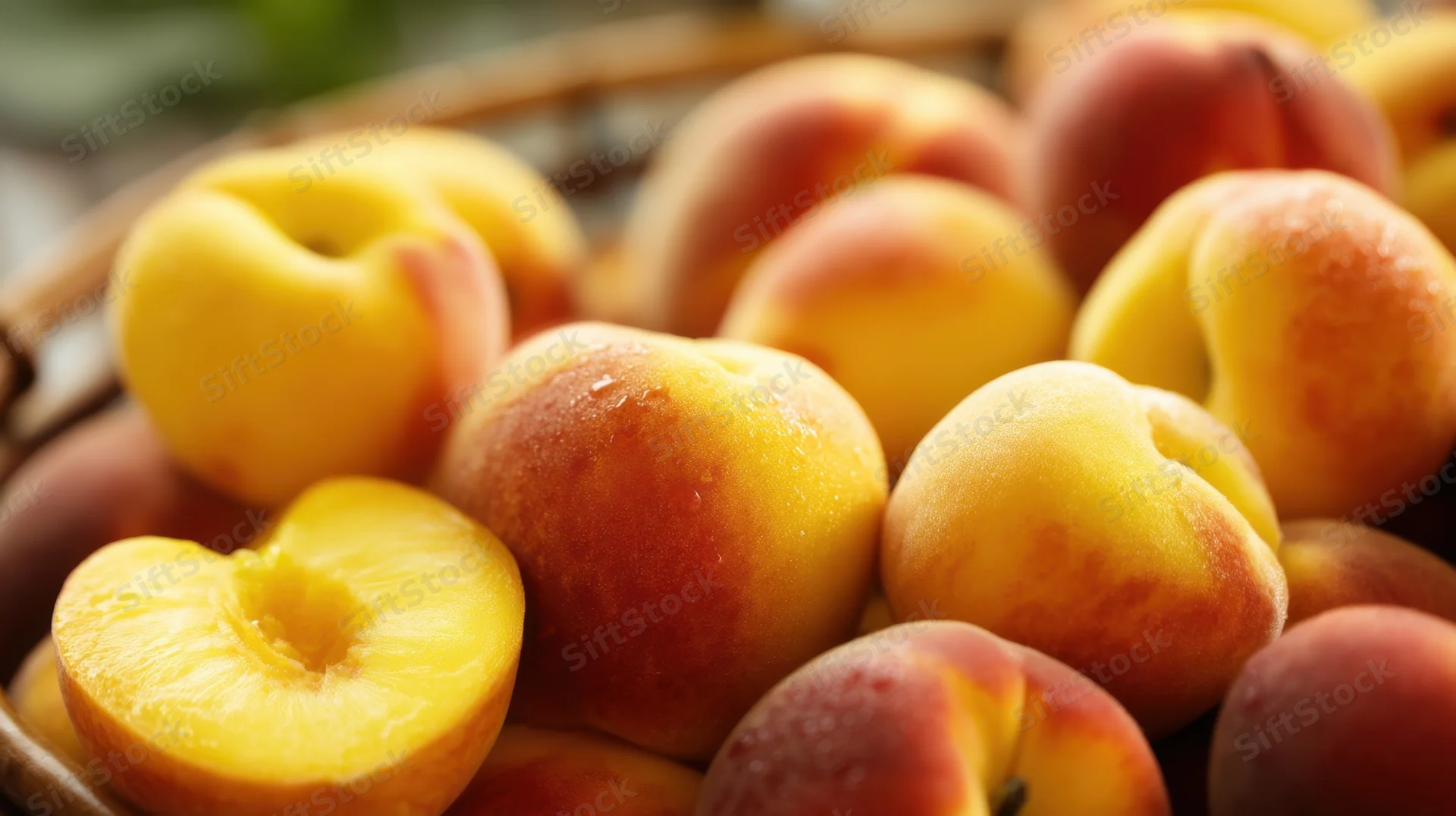 Ripe peaches whole and sliced in a basket closeup