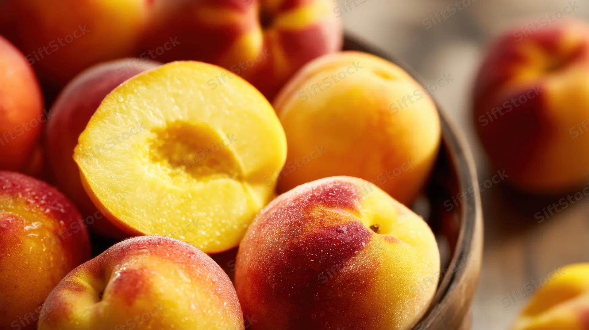 Halved and whole peaches in a wooden bowl on a table