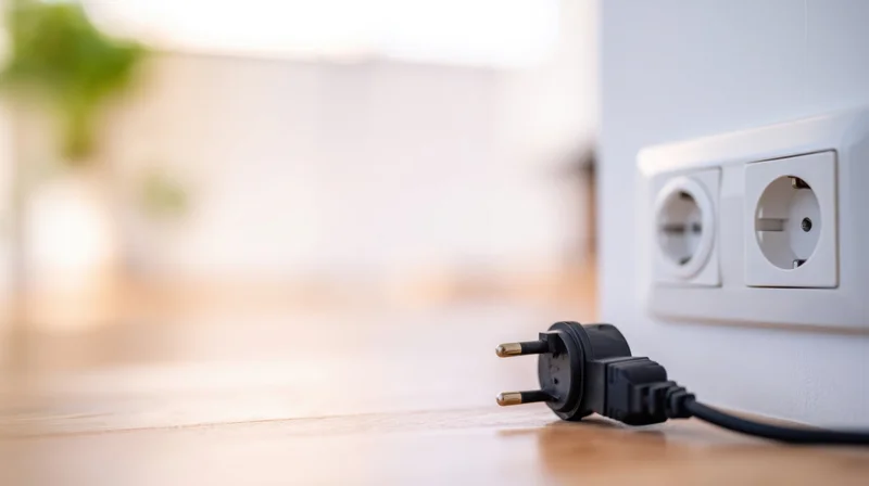 Black plug resting on wooden floor near white wall socket in home interior