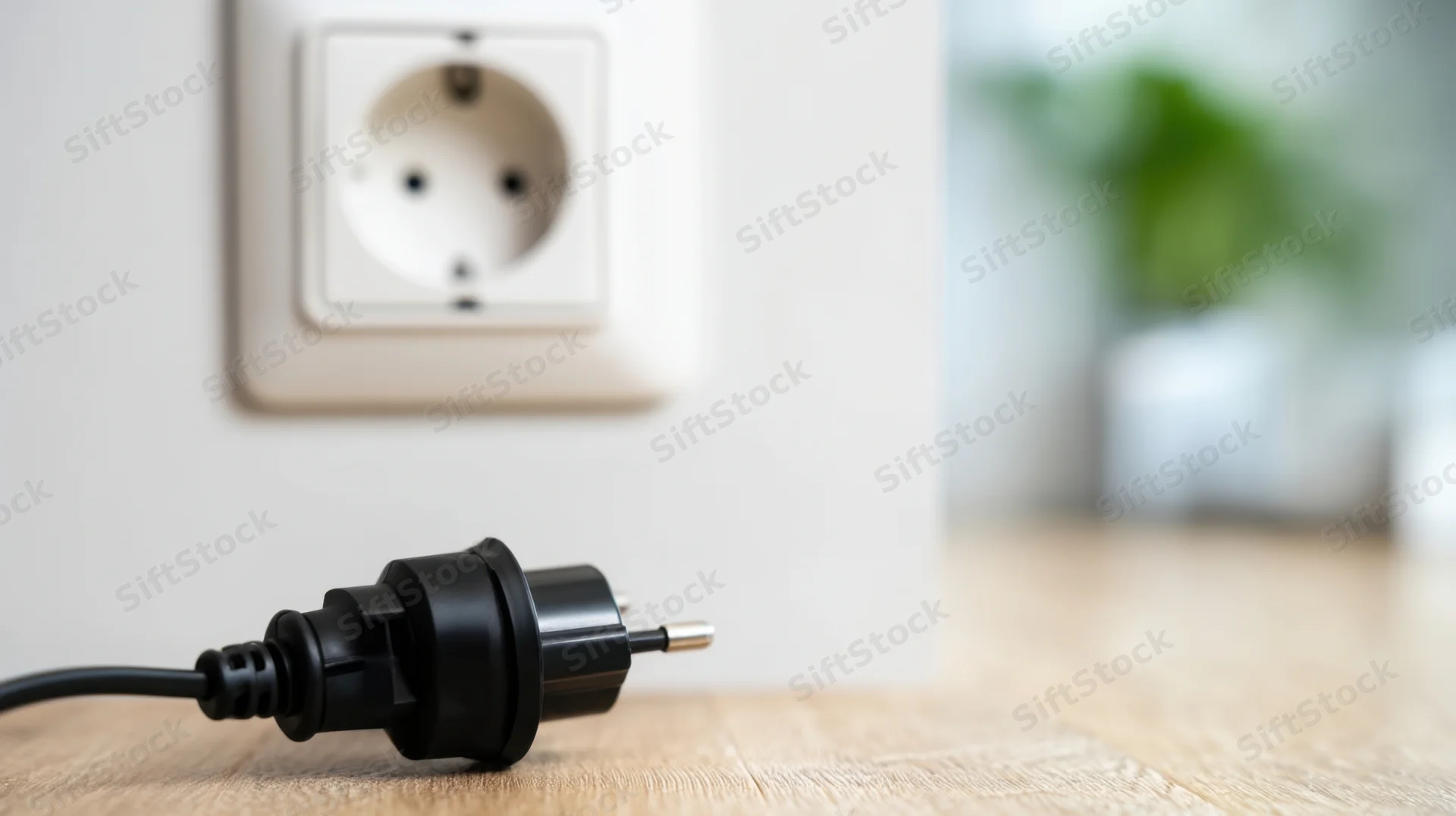 Black electrical plug resting on wooden floor near white wall socket in home interior