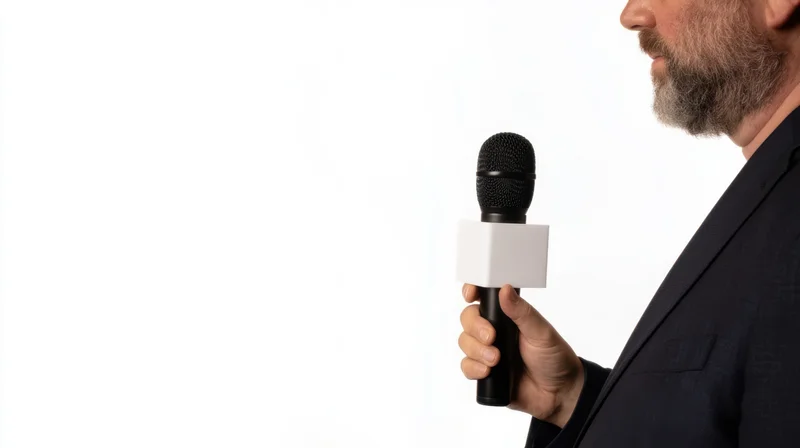 Man in suit holding microphone with white cube attachment against white background