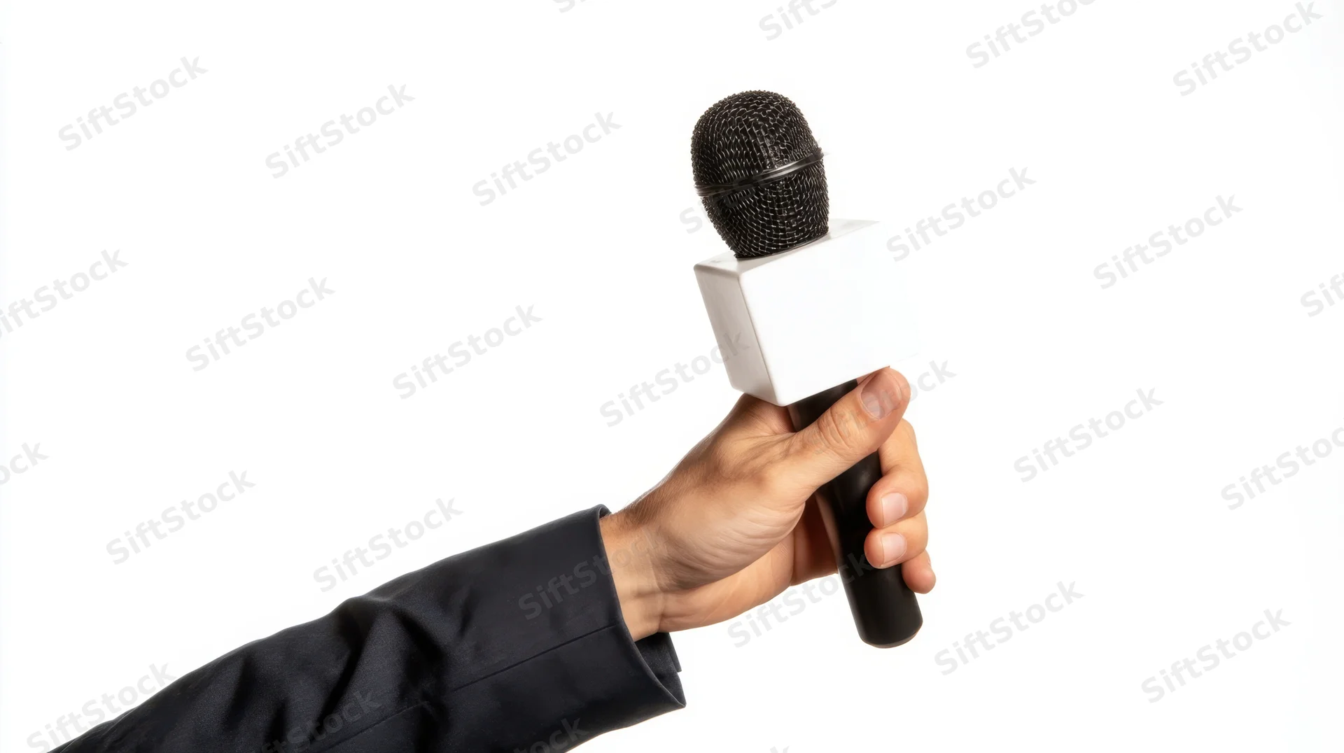 Hand holding a black microphone with white cube attachment against white background