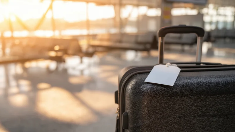 Black suitcase with tag on handle in airport terminal at sunrise