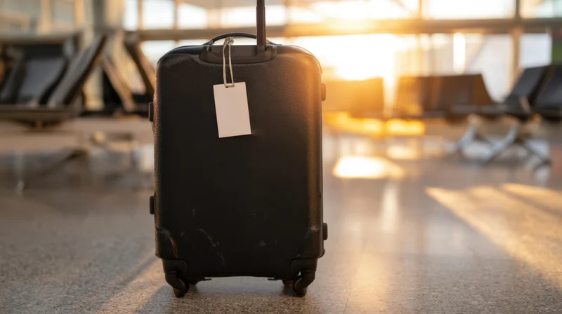Black suitcase with tag standing on airport floor near seating area at sunset