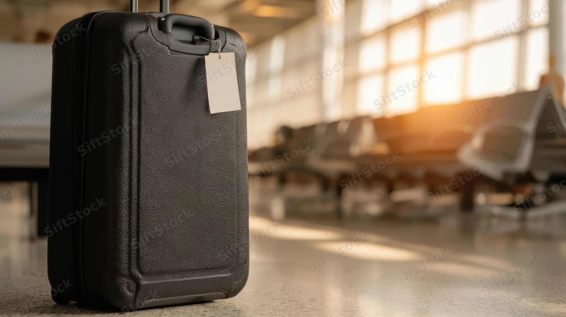 Black hardshell suitcase with tag standing on polished floor in airport terminal near seating and windows