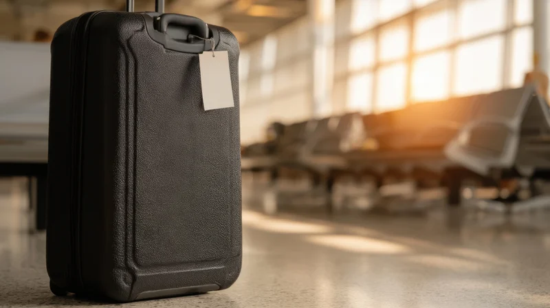 Black hardshell suitcase with tag standing on polished floor in airport terminal near seating and windows