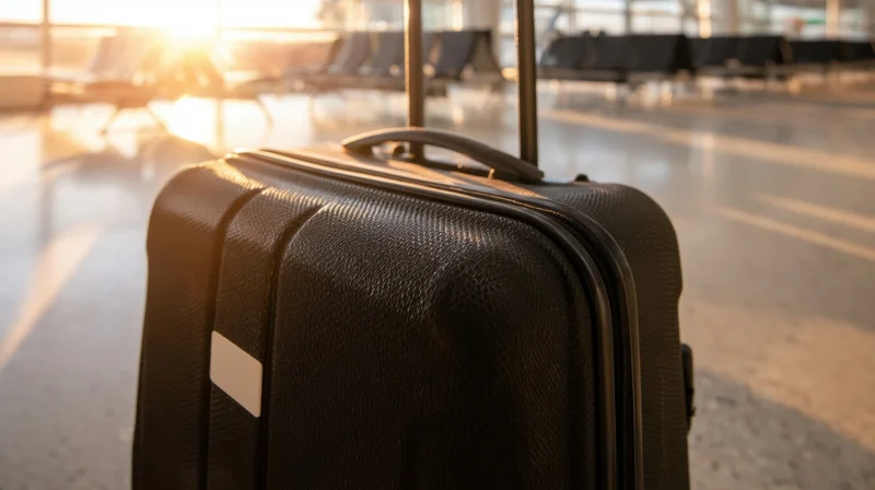 Black suitcase standing in airport terminal with sunlight streaming through windows