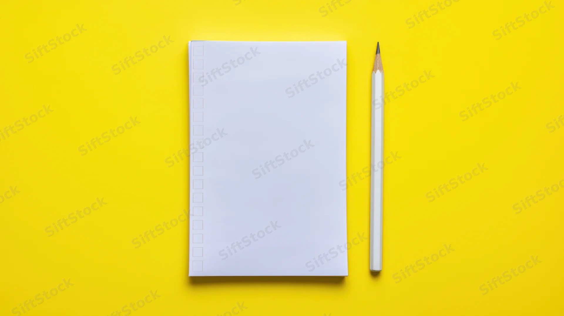 Blank notepad and pencil on yellow surface, top view, flat lay arrangement