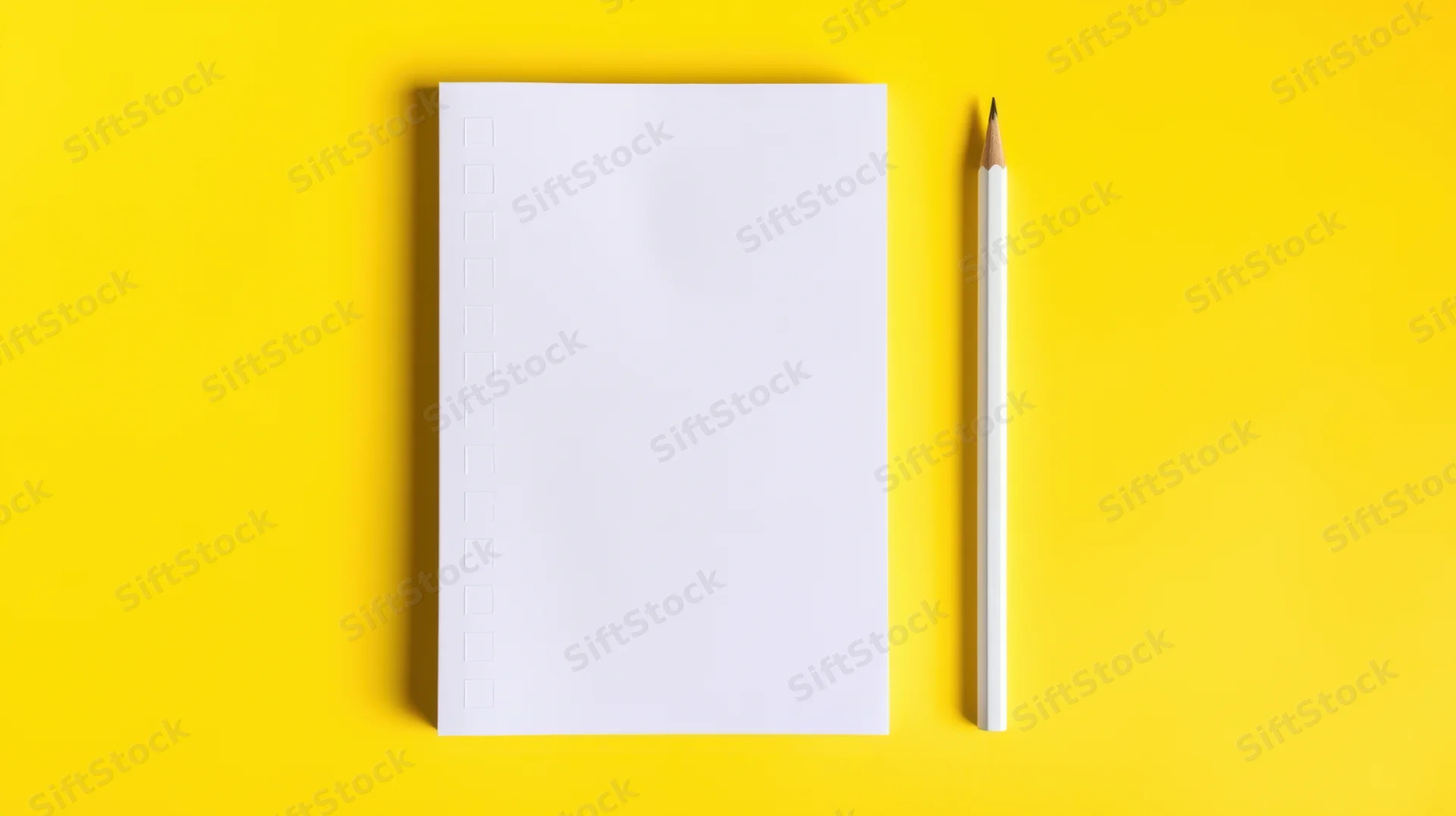 Blank notebook and pencil on yellow surface in flat lay arrangement