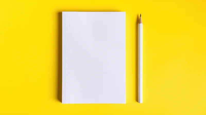 Blank notebook and pencil on yellow surface in flat lay arrangement