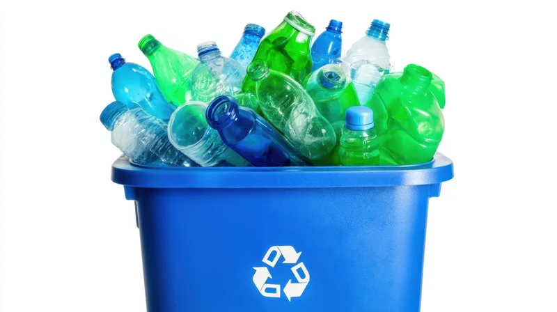 Blue recycling bin filled with crumpled plastic bottles of various colors on white background