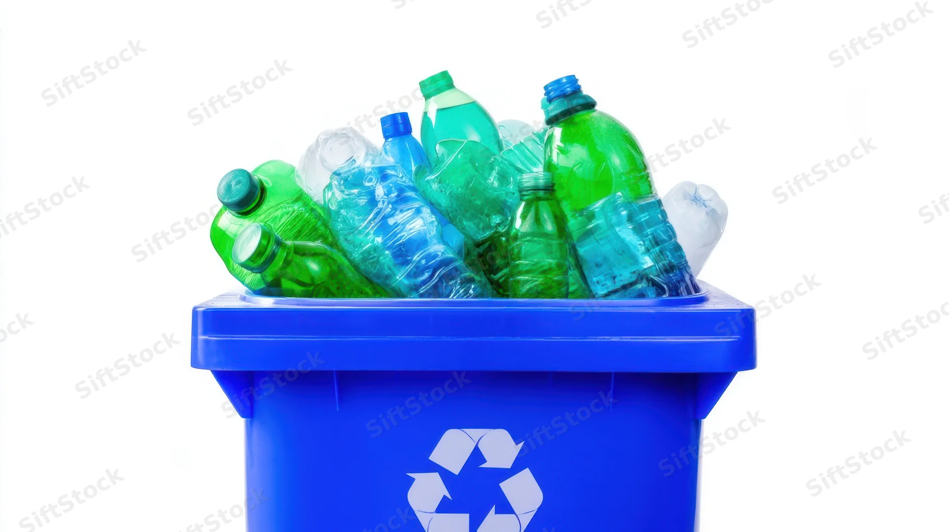 Blue recycling bin filled with plastic bottles on white background