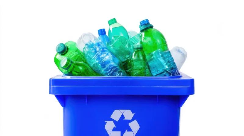 Blue recycling bin filled with plastic bottles on white background