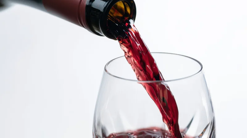 Red wine pouring from a bottle into a glass against a white background