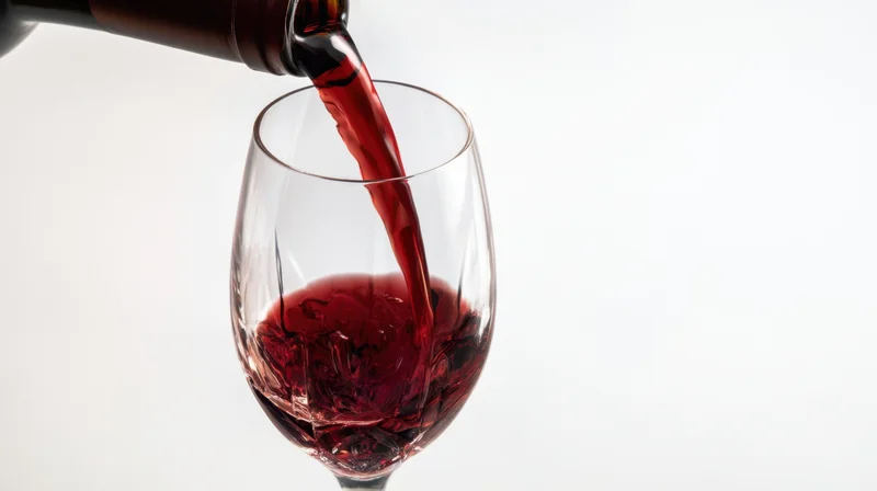 Red wine being poured from a bottle into a glass against a white background