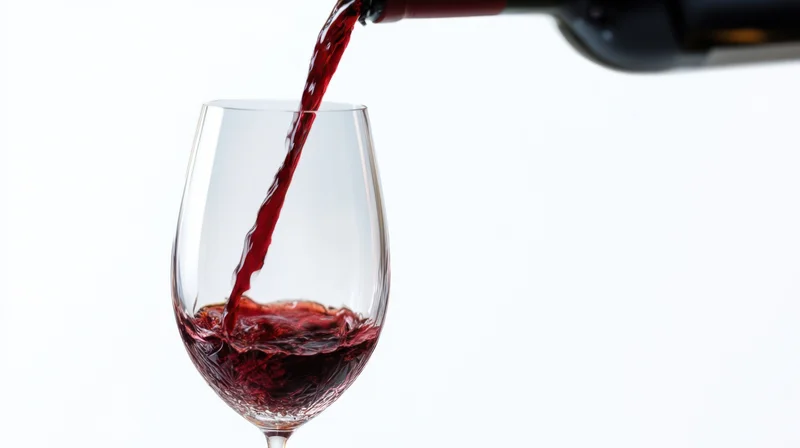 Red wine being poured from a bottle into a glass against a white background