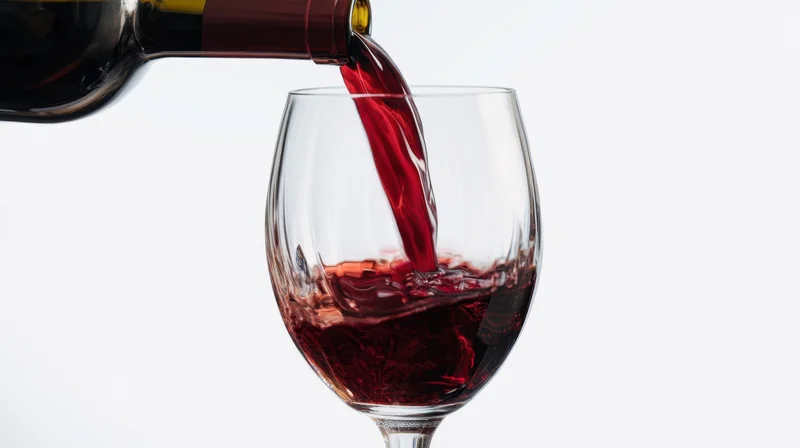 Red wine being poured from a bottle into a glass against a white background