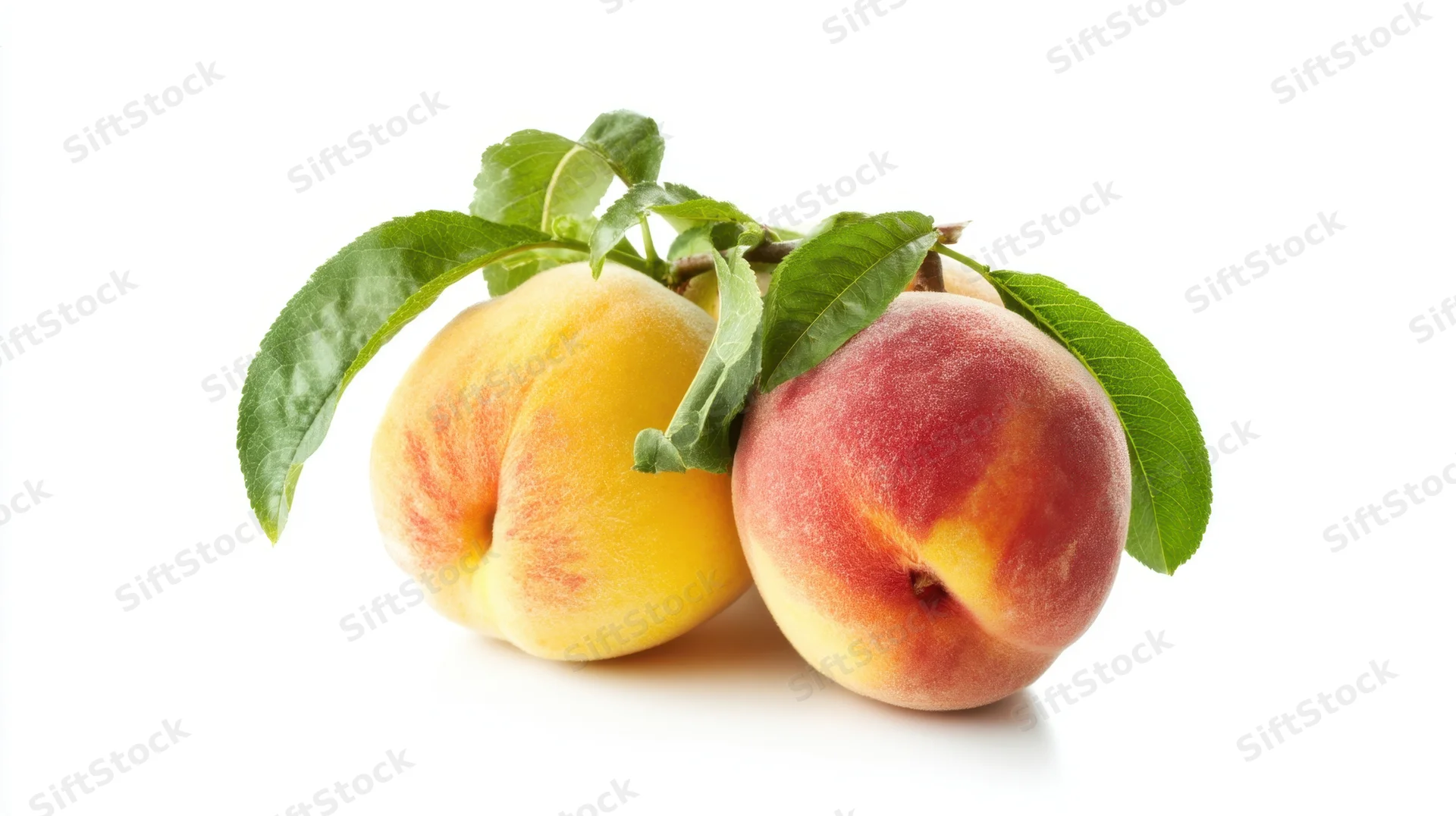 Two ripe peaches with green leaves on a branch against white background