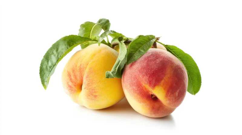 Peaches on a White Background with Green Leaves and Fresh Summer Vibe
