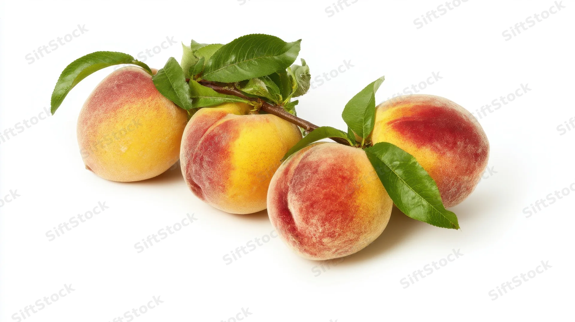 Ripe peaches on a branch with green leaves against white background