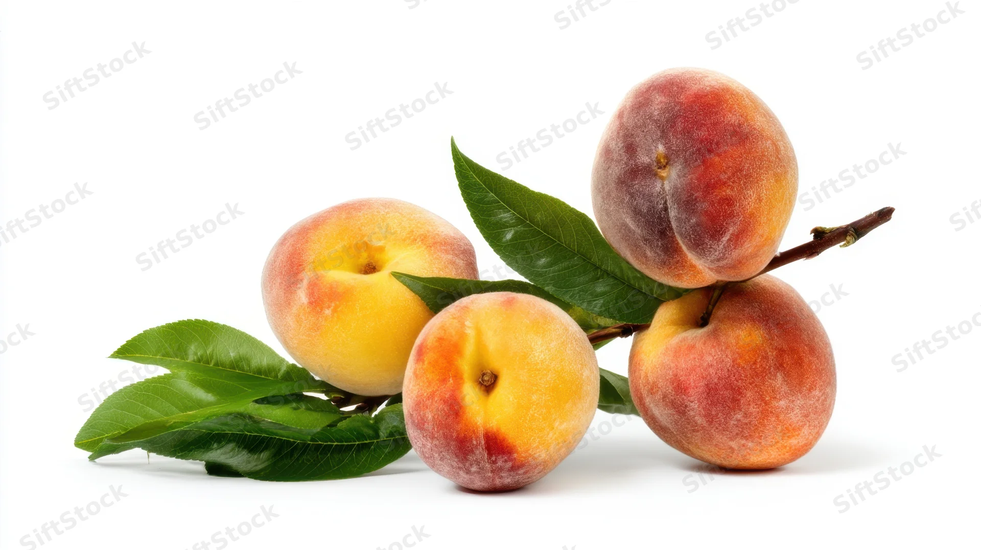 Ripe peaches on a branch with green leaves against white background