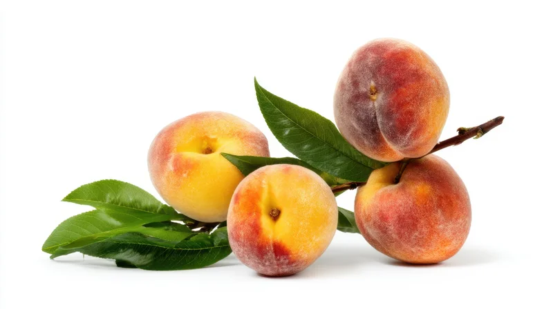 Ripe peaches on a branch with green leaves against white background