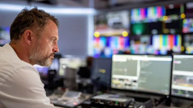 Man operating video control console in broadcast studio