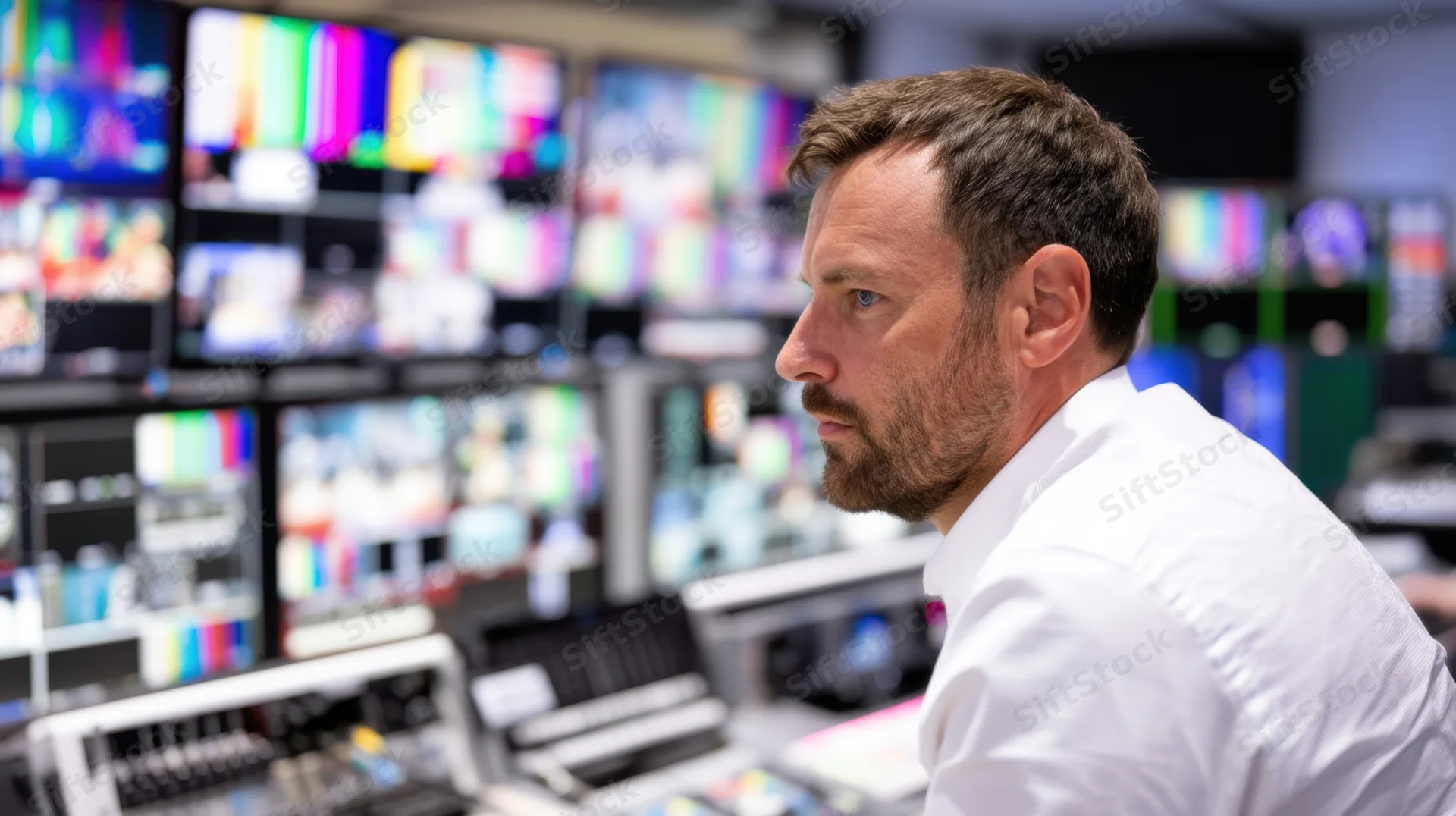 Man operating broadcast control console in television studio with multiple monitors displaying video feeds