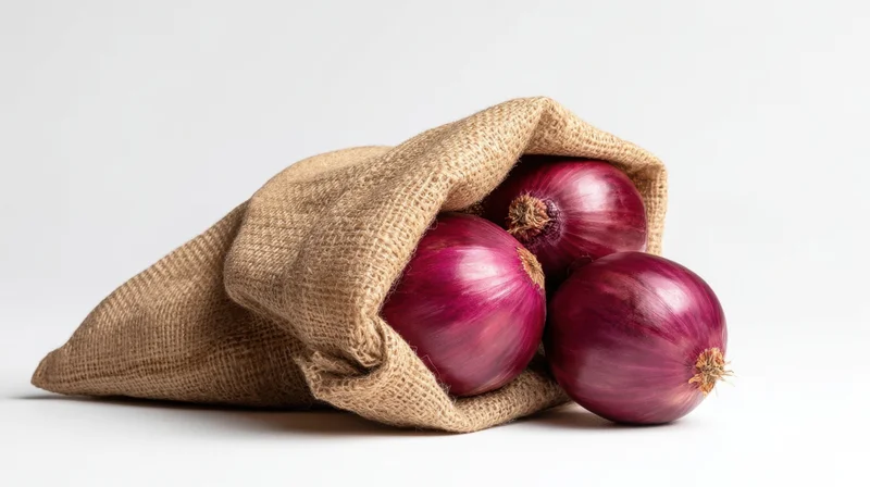 Red onions spilling from a burlap sack on white background