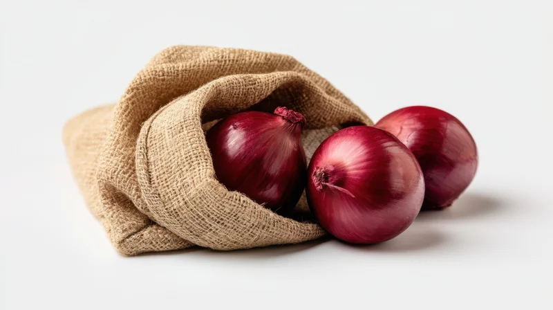 Red onions spilling from a burlap sack on white background