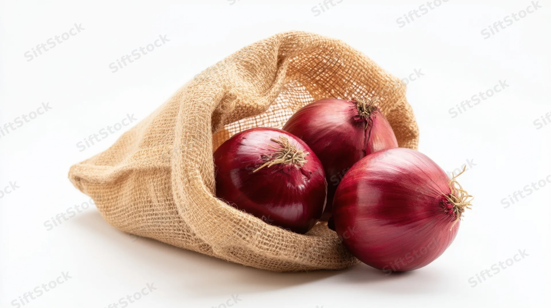 Red onions spilling from a burlap bag on white background