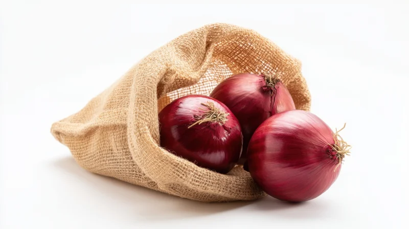 Red onions spilling from a burlap bag on white background