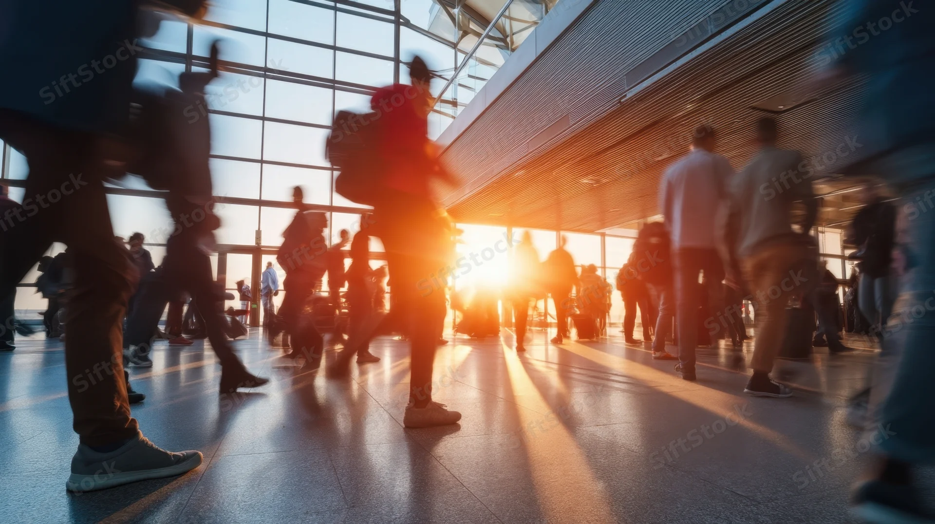 Travelers moving through an airport terminal at sunset
