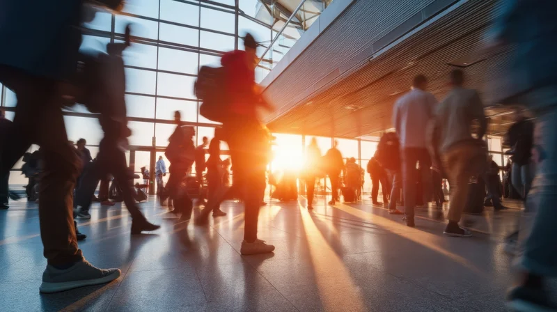 Travelers moving through an airport terminal at sunset