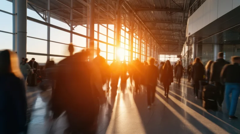 Travelers moving through an airport terminal at sunset with sunlight streaming through large windows