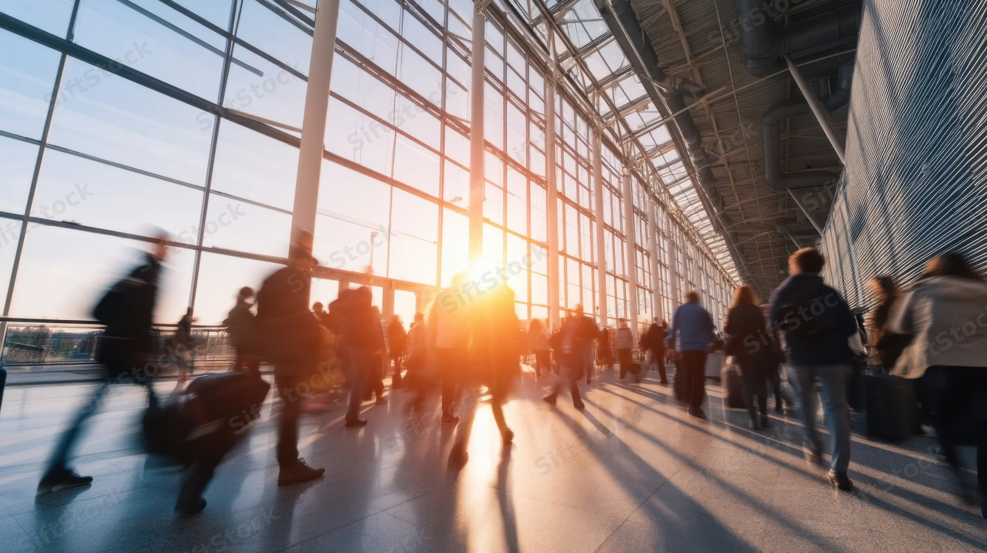 Travelers moving through a modern airport terminal at sunset with luggage and silhouettes against large glass windows